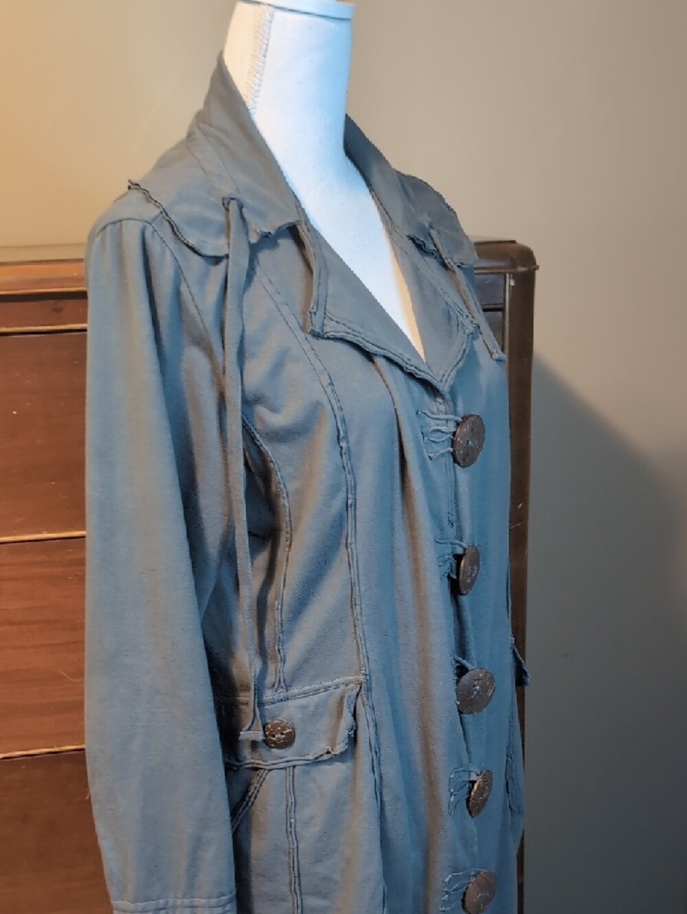 Neon Buddha Sage Green Gray Long Length Yoga Stretch Jacket Wooden Buttons XL - Picture 12 of 16